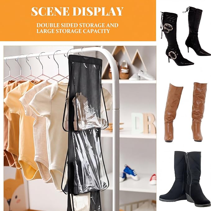 Windyun 16 Pairs Large Clear Pockets Fabric Dual Sided Hanging Shoe Rack for Closets Hanging Shoe Organizer with Rotating Hanger Boot Organizer for Storage Men's and Woman's Boots(Black)