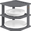 Grey Plate Organizer for Cabinet - 3 Tier Gray Bamboo Corner Cabinet Organizer Shelf for Plates Bowls Mugs Cups, Kitchen Cabinet Organizer, Cabinet Shelf Organizer, Countertop Rack, 10 x 10 x 9.5 Gray