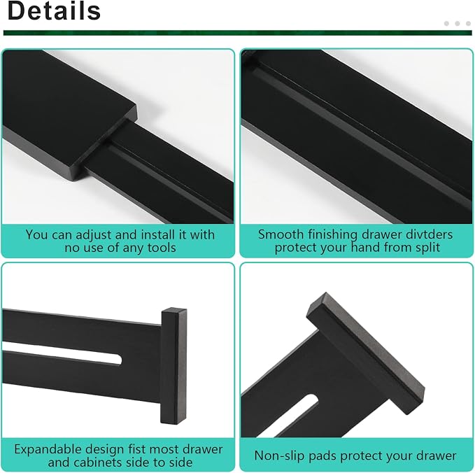 4 Pack Bamboo Drawer Dividers Organizer with Inserts 2.6'' High, Expandable from 12.5-21.7", Adjustable Drawer Organizer Separators for Utensils, Clothing, Office, Dresser, Bedroom, (Black)