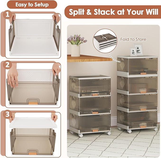 Giantex 4 Tier Stackable Storage Bins with Lids, 18 GalFoldable Shoe Storage Box with Detachable Wheels & Flip-Up Doors, Collapsible Closet Organizers and Storage Bins