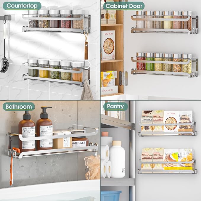 LUCYCAZ 2 Pack Wall Mounted Spice Rack for Spice Jars & Seasonings (Silver) | 8 Metal Hooks, Space-Saving,Screw or Adhesive Spice Shelf Hanging,for Kitchen Cabinet,Pantry Door,RV,Camper Spice Orgnaizer