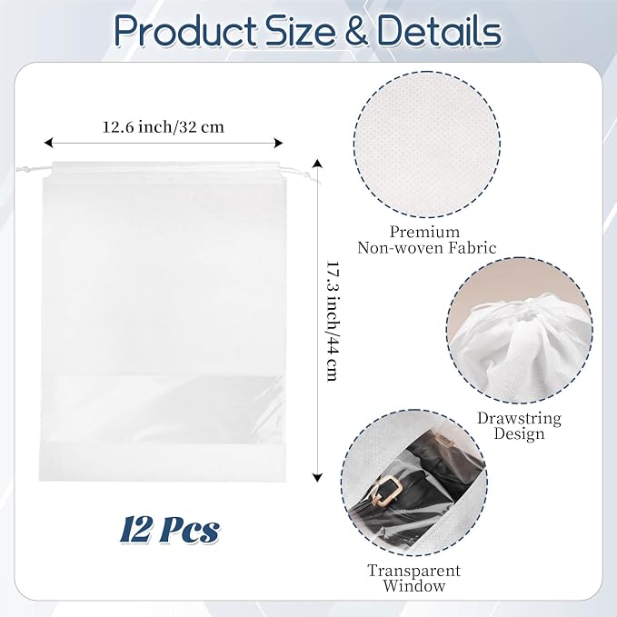12 Pcs Portable Travel Shoe Bags, 17.3 x 12.6 Inches Waterproof Non-Woven Shoe Organizers Storage Bags, Large Drawstring Shoes Pouch Packing Organizers with Rope for Men, Women, Children (White)