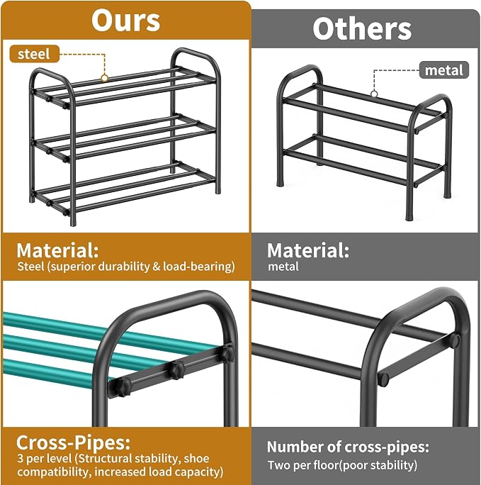 Hleelomi 3-Tier Expandable Shoe Rack for Entryway，Adjustable Metal Shoe Organizer for Closet,Living Room,Dorm,Black