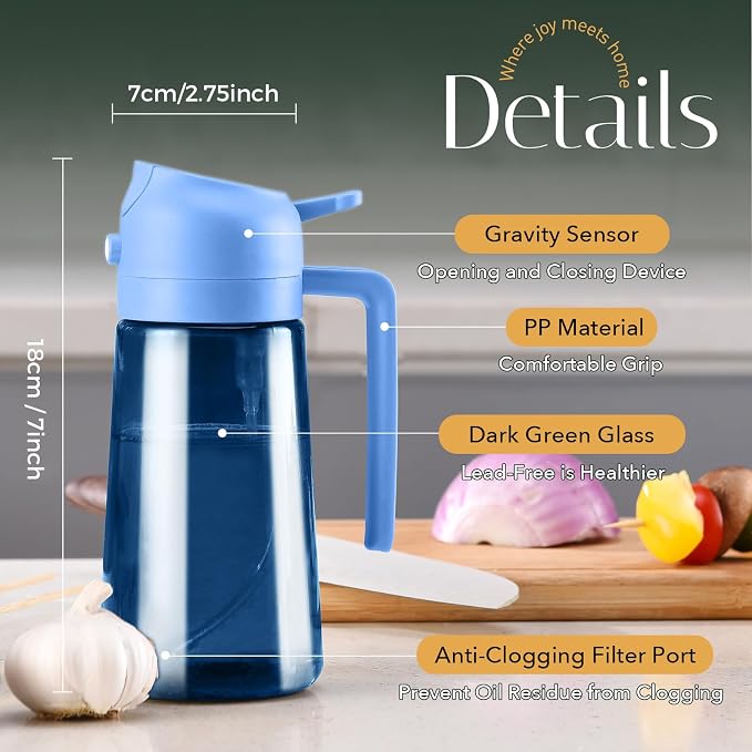 YARRAMATE 16oz/470ml Light-Blocking Dark Oil Sprayer for Cooking, 2 in 1 Olive Oil Dispenser Bottle for Kitchen, Premium Blue Glass Oil Bottle, Food-Grade Oil Mister for Air Fryer, BBQ (Skyblue)
