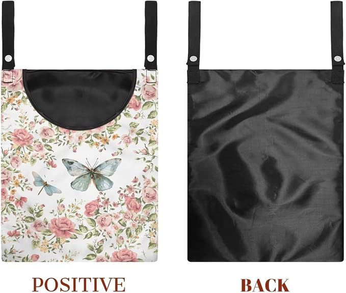 Butterfly Rose Space-Saving Laundry Clothespin Bag, Waterproof Polyester Material, 2 Rope for Hanging and Effortlessly Sliding on The Clothesline Clothespin Holder for Outdoor
