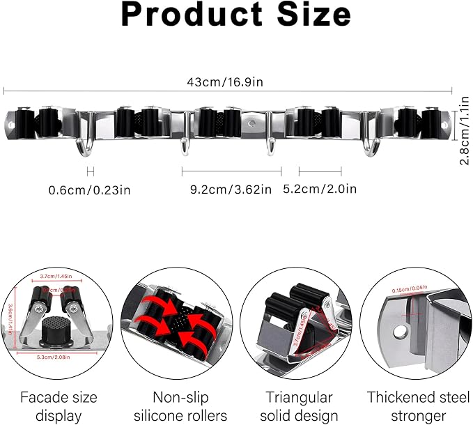 Self Adhesive SUS304 Broom Holder Wall Mount | 5 Racks and 4 Hooks Mop Organizer Heavy Duty Solid Non-slip Storage Tool for Home Kitchen Garden Laundry Garage