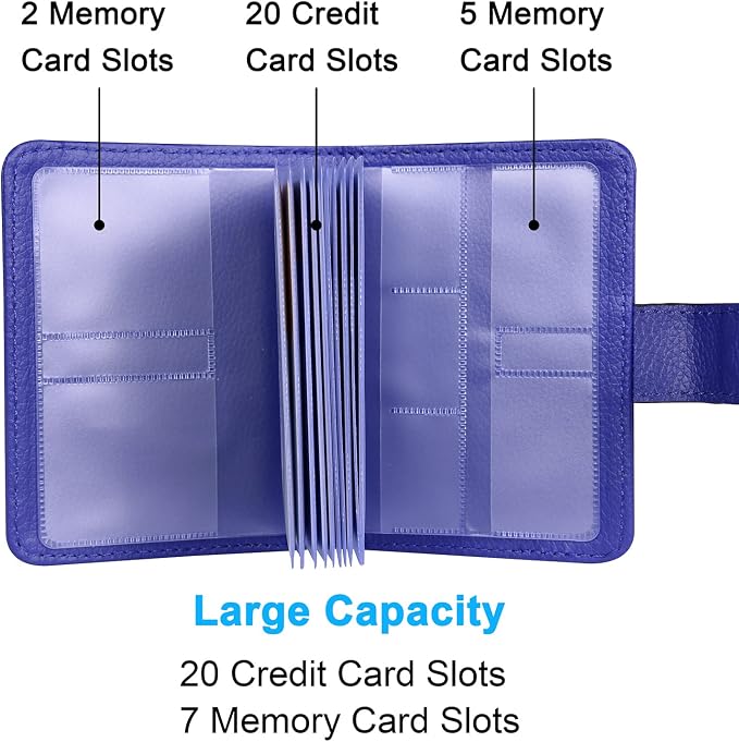 Wisdompro Slim PU Leather Credit Card Holder, Vertical Blue | RFID Blocking Wallet Debit Card Protector, Organizer Case, Card Case, 20 Card & 7 Memory Card Slots, with Magnetic Closure