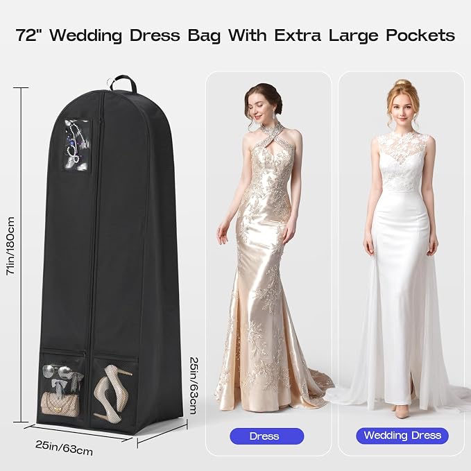 72'' Wedding Gown Dress Garment Bag, 8"/20"'' Gusseted Garment Cover for Puffy Bridal Gowns Cover, Travel Garment Storage Bag for Prom, Cosplay, Evening Gowns (Black, 1Pack 72")