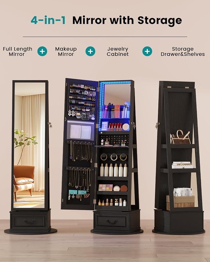 Vlsrka Mirror Jewelry Cabinet Standing with Lights, Lockable, Swivel, Black | Standing Jewelry Armoire with Full Length Mirror, Large Jewelry Organizer Storage with Foldable Makeup Shelf, 3 LED Lights