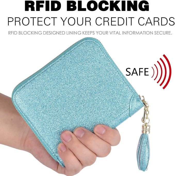 Easyoulife Womens Credit Card Holder Wallet Zip Leather Card Case RFID Blocking (Glitter Teal)