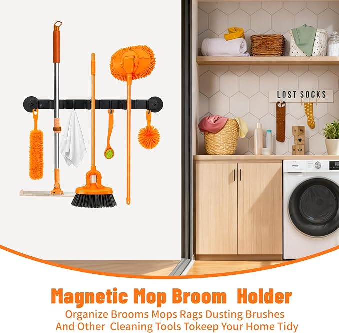 Magnetic Broom Holder Wall Mount with 4 Hooks and 3 Rack- Heavy Duty Non-Slip Mop Hanger for Wet Mops &Cleaning Tools on Refrigerator,Metal Door,Garage,Kitchen (3Racks 4Hooks)