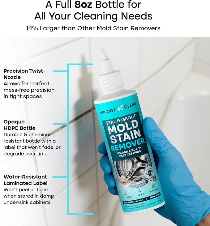 Uproot Clean Mold Stain Remover Gel for Washer,Shower,Bathroom,Caulk, 8 oz | Bleach-Free Stay-Put Gel for Washer Seals, Grout, Caulk & Fridges - Clings to surfaces, Lifts Visible Stains, Fresh Scent