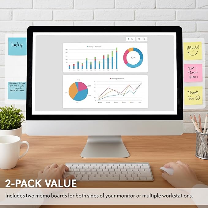 Computer Monitor Memo Board 2 Pack Sticky Note Holder, Semi-Transparent Flexible PVC, Monitor Adhesive Message Boards, Desk Accessories & Workspace Organizers, 12" L x 3" W, Non-Acrylic