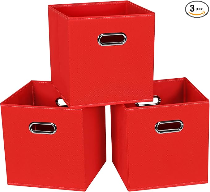 STOREONE Fabric Storage Bins Cubes Baskets Containers-(11X11X11) with Dual Handles for Shelf Closet, Nursery Home ， Bedroom Organizers, Foldable Set of 3 (Red)