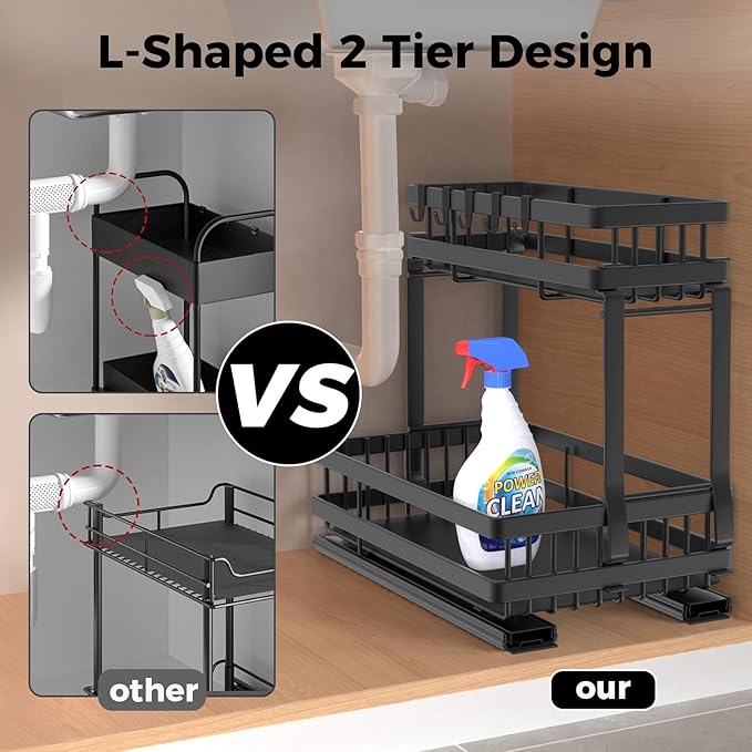Upgrade Under Sink Organizer for Bathroom Kitchen, 2 Tier Cabiner Slide Out Shelves Basket Stable Carbon Steel Shelf Storage for Home, Laundry Room