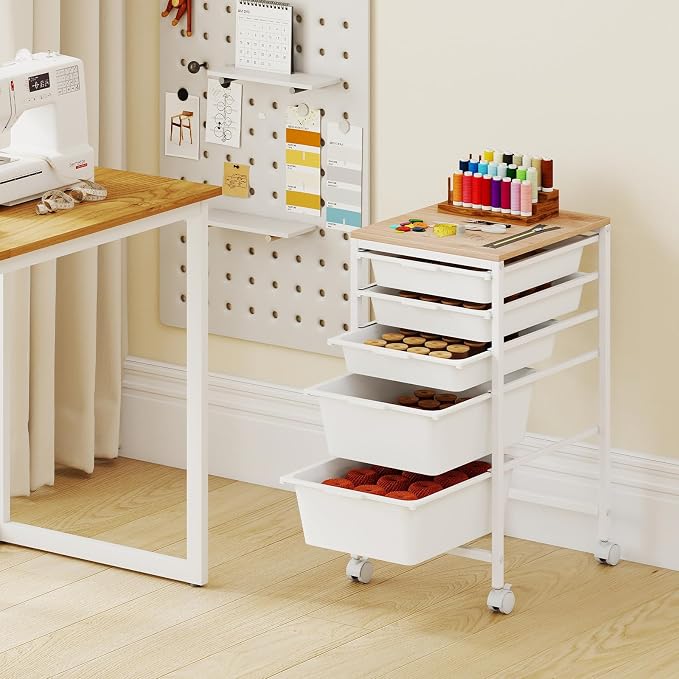 LDAILY Rolling Cart with Drawers, 5 Drawer Rolling Storage Cart with Wooden Tabletop, Metal Frame & Lockable Wheels, Craft Organizers and Storage for Home Office Classroom (White, 5 Drawer)
