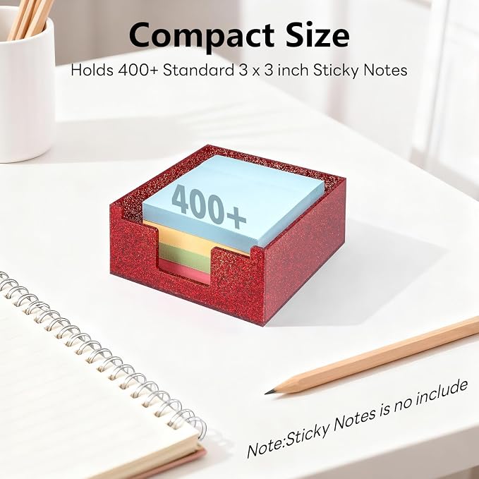 Acrylic Sticky Note Holder 4x4in Tray for Desk, Red Glitter | Sparkling glitter acrylic tray, fits 3x3 sticky notes, compact organizer for office school and home