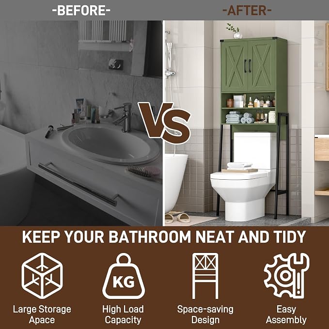 Vabches Over The Toilet Storage Cabinet, Farmhouse Over Toilet Storage Cabinet, Metal Frame with 2 Barn Doors, Home Space-Saving Toilet Rack for Bathroom, Toilet, Laundry Room.Green