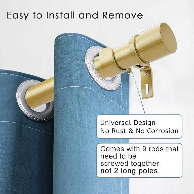 Byondeth Curtain Rods for Windows 16 to 144 Inches Adjustable Length 1 Inch Diameter Window Curtain Rod with Aluminium Finials, Flash Gold