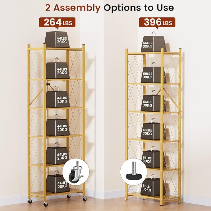 ALANNG 73.6 Inch Folding Bookshelf, 6 Tier Metal Bookcase and Bookshelves | Tall Shelves for Living Room Office Bedroom, Heavy Duty Book Shelve Free Standing Open (Gold, 1PACK)