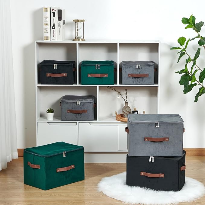 Storage Bins with Zipper Lid Velvet Fabric Storage Boxes Lidded Baskets Foldable Washable Decorative Closet Shelf Clothes Organizer Container with PU Leather Handles (Deep Green, Small)