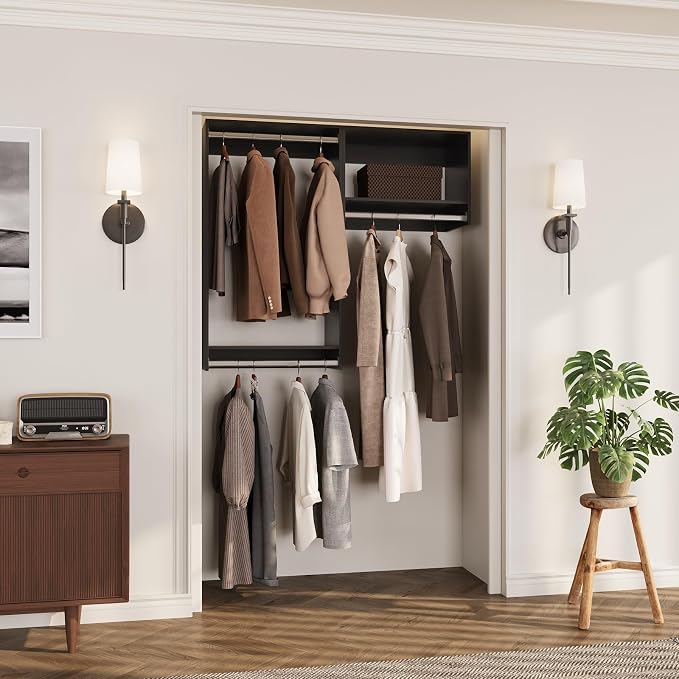 ROOMTEC Modular Closet System, 40" Wall-Mounted Closet Organizer with Hanging Rods, Wooden Tower for Walk-In Closets, Wardrobe Storage Kit, Black