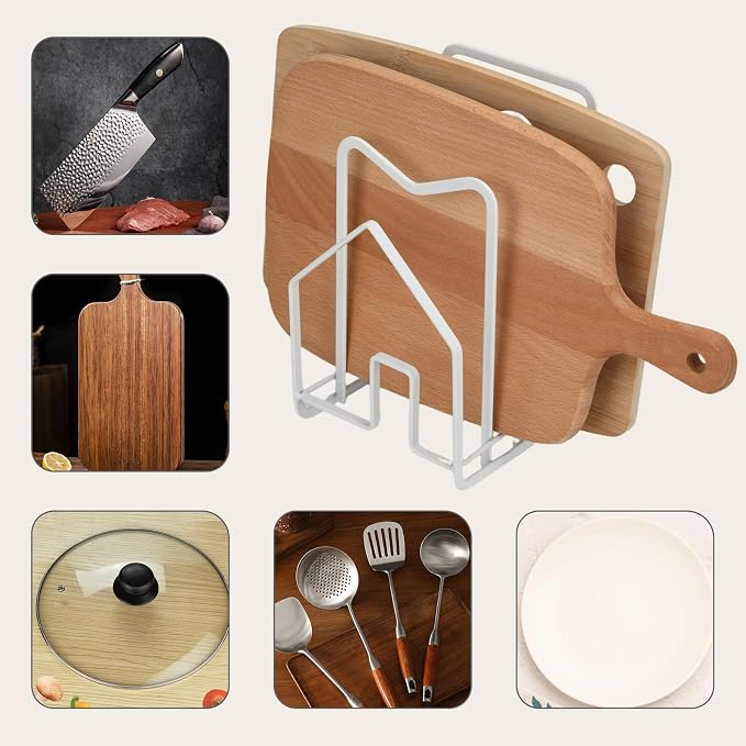 Multi-functional stainless steel kitchen cutting board rack-a compartmentalized storage rack that can accommodate 3-5 cutting boards/baking trays/trays,saving counter space (White)