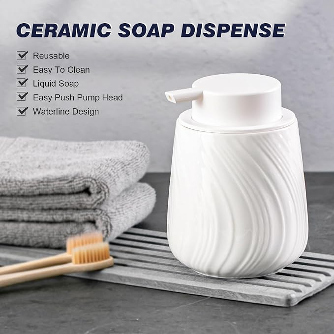 Agyiuns soap Dispenser Ceramic Lotion Dispenser with Easy-to-Press Pump for Bathroom 13.5 oz refillable Liquid Hand soap Dispenser for Hand sanitizers (Liquid-White)
