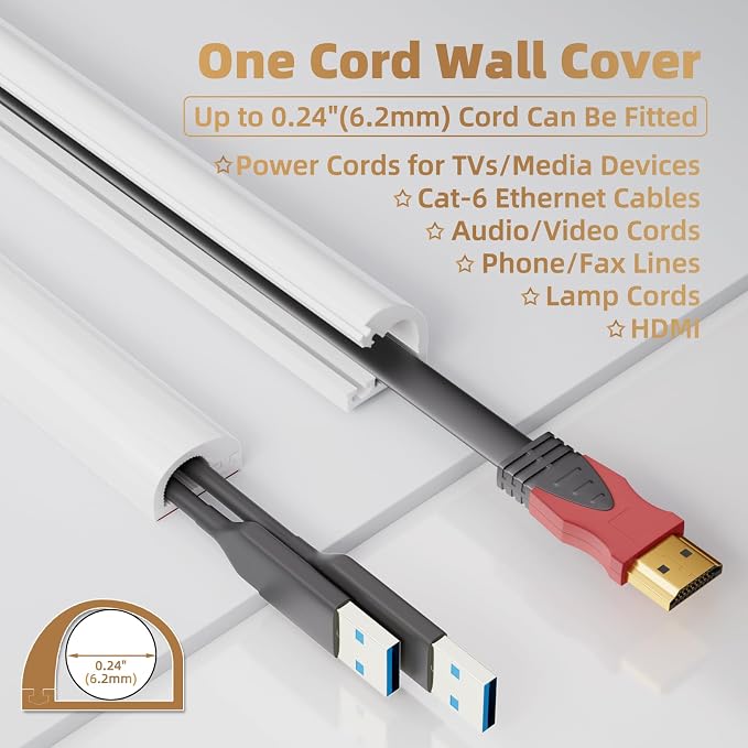 118" Side Open One Cord Hider (<1/4") for Wall Mounted Tv,Silicone Flexible Cable Cover to Hide Conceal Cords Along Wall,Wire Raceway Management Cable Concealer Channel,Electric Cord Organizer,White