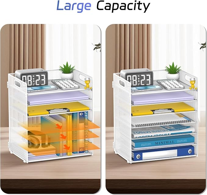 7 Tier Paper Organizer - Mesh Desktop File Holder with Handles for Office School Desk, Black (White)