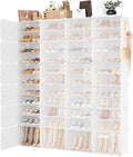 Portable Shoe Rack Organizer with Door, 96 Pairs Shoe Storage Cabinet Easy Assembly, Plastic Adjustable Shoe Storage Organizer Stackable Detachable Free Standing DIY Expandable 12 Tier White