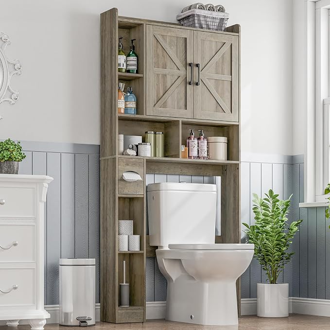 Vabches Over The Toilet Storage Cabinet with 2 Barn Doors, Grey | Farmhouse Storage Cabinet with Toilet Paper Holder Stand，Home Space-Saving Toilet Rack, for Bathroom, Restroom, Laundry
