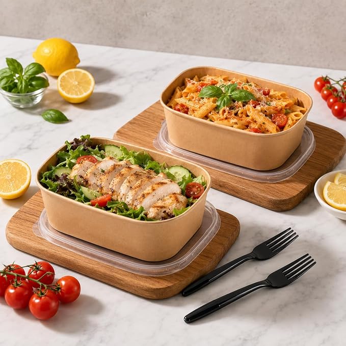 50-Pack 29oz Disposable Kraft Paper Bowls【with Lids and Forks】,Meal Prep Containers Disposable Deli Containers Disposable Soccer Party Food Trays Take Out Containers, Microwave Safe for Hot/Cold Food