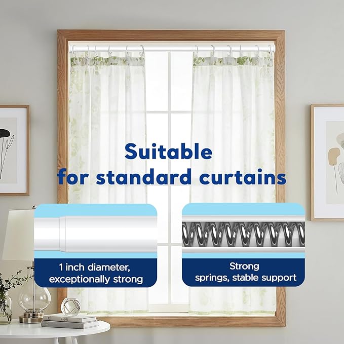 Tension Rods 28 to 72 Inch, 1" Heavy Duty Adjustable Spring Tension Curtain Rod - Non-Slip No Drill Shower Curtain Rod for Bathroom, Window, Closet & Doorway, White