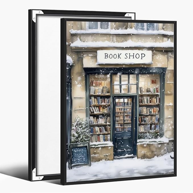 Winter Snowy Bookshop Art Aesthetic Poster Canvas Wall Art Decoration Living Room Home Decor Bedroom Decoration Poster black framed24x36inch
