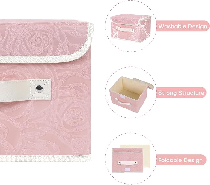 ANMINY Fabric Storage Bin with Lid Rose Print Storage Box Basket with PU Leather Handles Washable PP Plastic Board Decorative Foldable Lidded Shelf Cubes Closet Organizer Container - Pink, Small Size