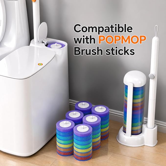 Disposable Toilet Brush and Holder Set - Hands-Free Eject Sponge Toilet Wand with Floor Standing Caddy, Secure-Lock Hangable Toilet Scrubber (42 Refills(Colorful))