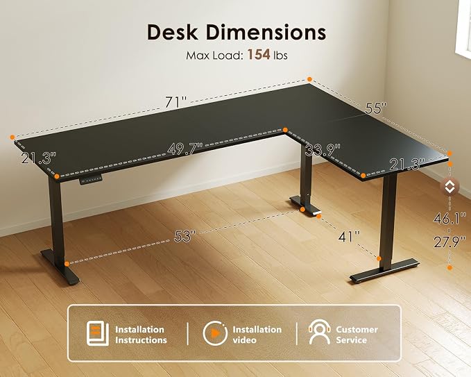OffiGo 71 Inch Reversible L Shaped Electric Standing Desk, Black | Large Corner Height Adjustable Stand Up Desk, 3 Memory Presets, Sit Stand Table, Reinforced Frame for Home Office Workstation