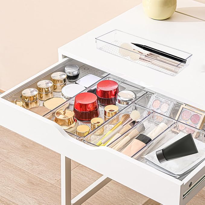 Clear Drawer Organizer Trays 6 Pack Plastic Dividers Bins | 15x6x2 Inch Desk Separator, Stackable Dresser Makeup Kitchen Office Storage Boxes, Cosmetic Utensil Flat Container Case