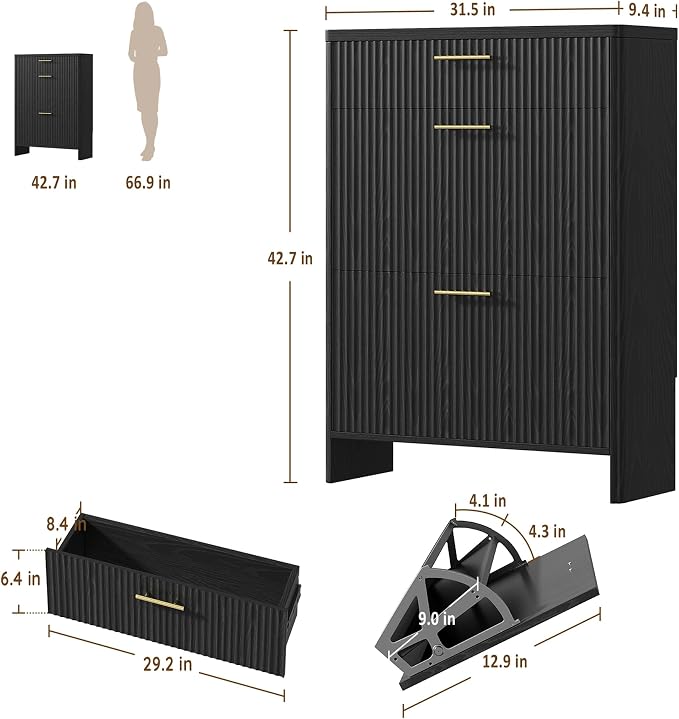 Fluted Shoe Storage Cabinet for Entryway, Narrow Wooden Shoe Cabinet with 2 Flip Drawers & Pull-Out Drawer, Modern Freestanding Slim Shoe Organizer Rack for Foyer/Hallway/Living Room, Black