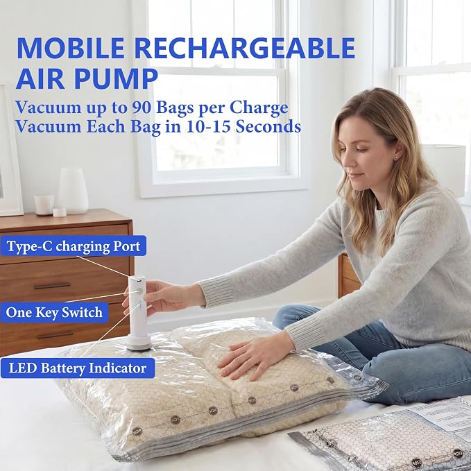 Vacuum Seal Bags for Clothing Travel with Rechargeable Air Pump, Carry-on Size Vacuum Bags for Travel, Space Saver for Clothes 24 Combo Size