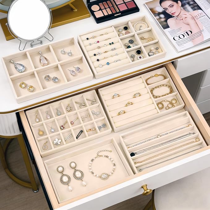 6-Piece Velvet Jewelry Organizer for Drawer with Removable Dividers | Stackable Jewelry Trays, Drawer Organizer Inserts Set with 2 Cleaning Cloths for Women Dresser Vanity