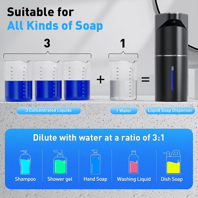 Fantictas Automatic Soap Dispenser,Touchless Hand Wall Mount Rechargeable 3 Gear Adjustable Electric Soap Dispenser 350ml with Infrared Motion Sensor for Bathroom,Kitchen,Office, Black Gel