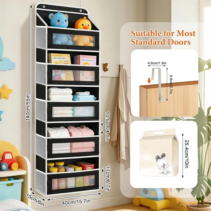 SWIND Over the Door Organizer 5-Tier, Heavy Duty Behind Door Storage, Anti-Tilt Capacity, Door Hanging Organizer with Clear Window for Closet, Bathroom, Nursery, Bedroom, Pantry, Shoe Diaper (Black)