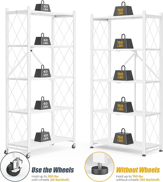 5-Tier Folding Metal Storage Rack - 63" Heavy-Duty Steel Frame with Wheels, No Assembly Utility Organizer, Rolling Shelving Unit for Kitchen, Garage, Pantry, Bedroom (White, 5 Tier)