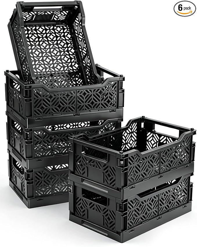 6-Pack Collapsible Plastic Storage Baskets, Stackable Bins with Label Slots | Plastic crates(12.2"x8.3"x4.7"). Fold flat to save space. Ideal for pantry, toys, office shelf organization & decluttering