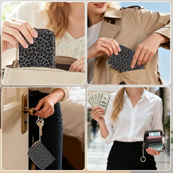 Credit Card Holder for Women,Small Rfid Wallet with Keychain Zipper,Cute PU Leather Card Case Wallet，Accordion Credit Card Wallets Gift,Dark Leopard Print A