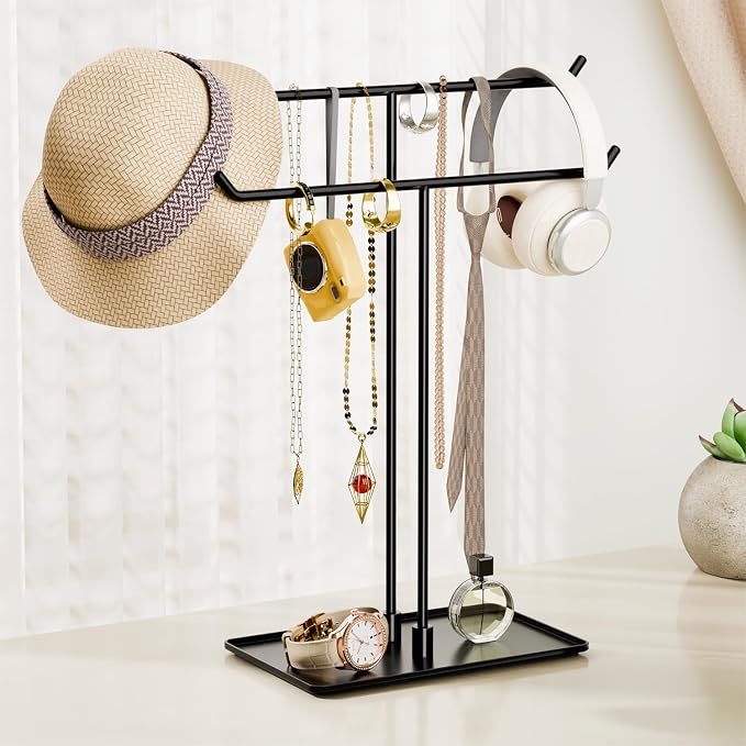 bussdis Necklace Holder Stand,Metal Jewelry Organizer for Home Decor,Black | Modern Design,Easy Assembly,Non-Slip EVA Pads,Gift for Woman,Necklace Display for Bedroom,Vanity and Dresser