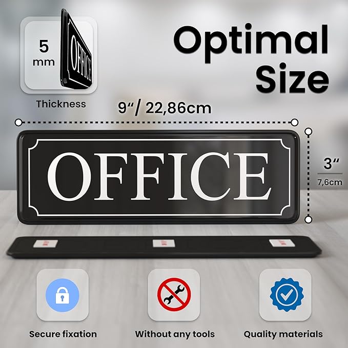 The Office Door Sign for Your Home and Business with Bigger Letters - Bright Acrylic Self-Adhesive Sign 9×3 in with Double Sided 3M Tape - Quick and Easy Installation Without Any Tools