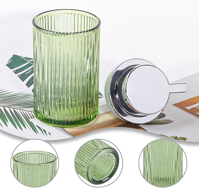 Foaming Soap Dispenser, Bathroom Green Glass Foam Soap Dispenser, Refillable 12 Oz Foam Pump Bottle Container with Silver Pump, Decorative Slim Ribbed Dish Soap Dispenser for Kitchen